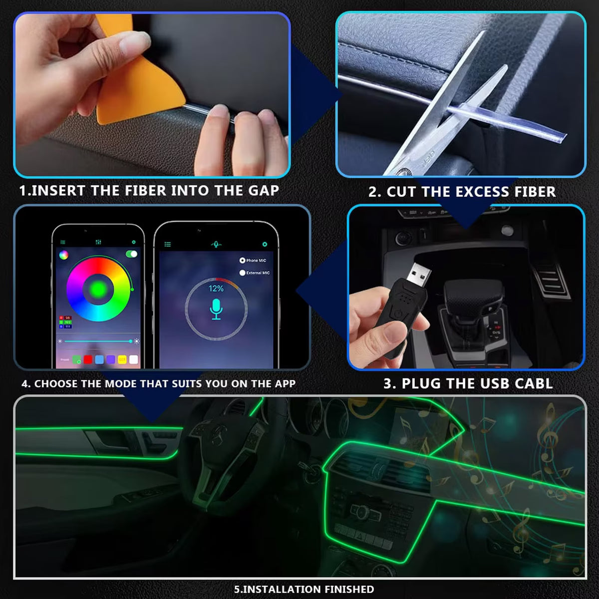 5M/16Ft RGB LED Car Interior Ambient Light Decorative Music Sync Fiber Optic USB Strip Light Accessories