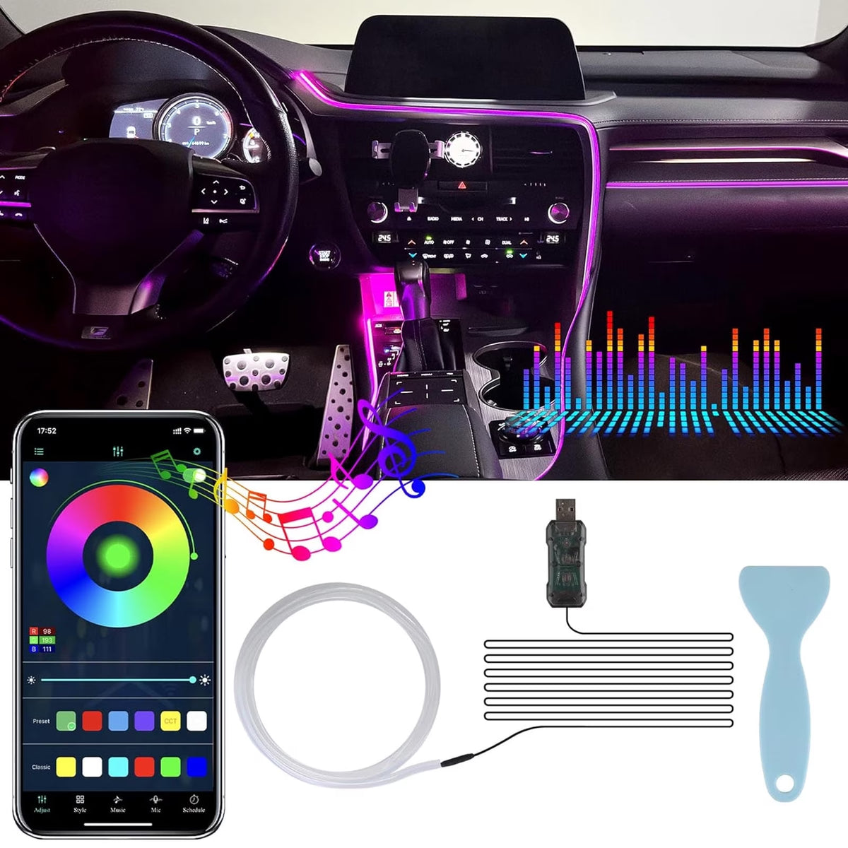 5M/16Ft RGB LED Car Interior Ambient Light Decorative Music Sync Fiber Optic USB Strip Light Accessories