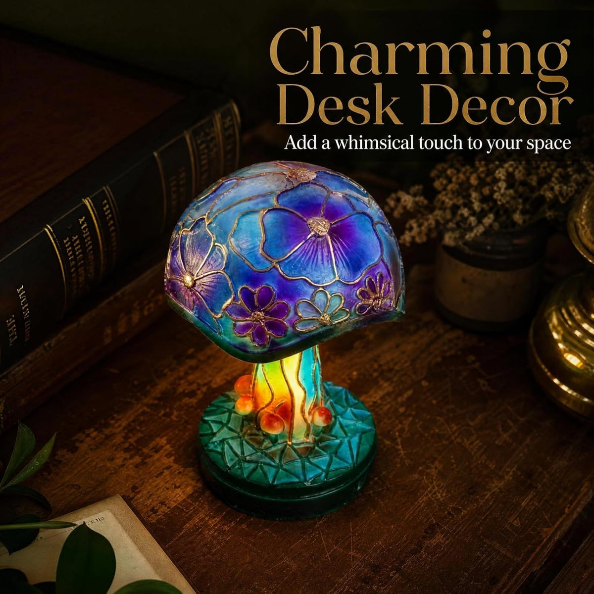 Creative Glass Resin Mushroom Table Lamp, 5.9 Inch Stained Glass Mushroom Mini Night Light, Bohemian Resin Mushroom Decoration Bedside Lamp Bedroom Living Room Home Office Decoration Gifts