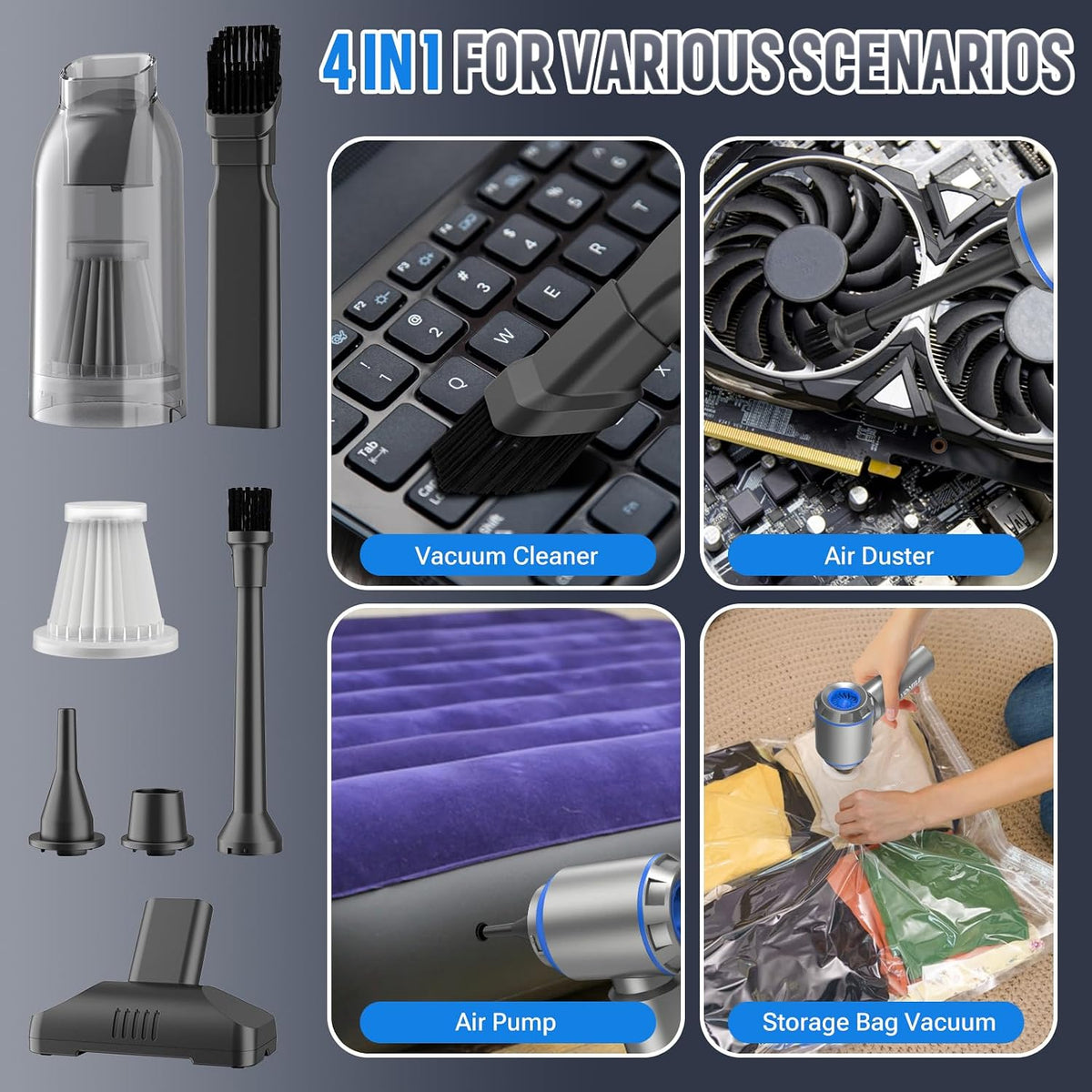 Compressed Air Duster,  2 in 1 180000RPM Cordless Air Duster with Mini Car Vacuum, 9000Mah Battery Dust Blower for Keyboard Cleaner,Rechargeable Air Blower AIC Can for Office Computers