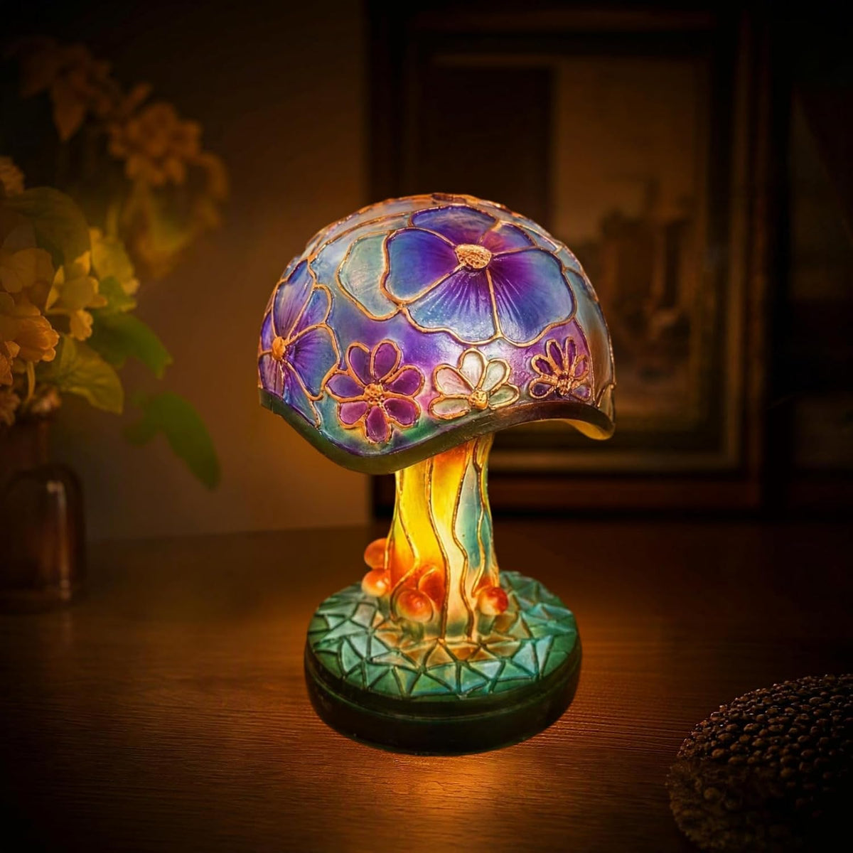 Creative Glass Resin Mushroom Table Lamp, 5.9 Inch Stained Glass Mushroom Mini Night Light, Bohemian Resin Mushroom Decoration Bedside Lamp Bedroom Living Room Home Office Decoration Gifts