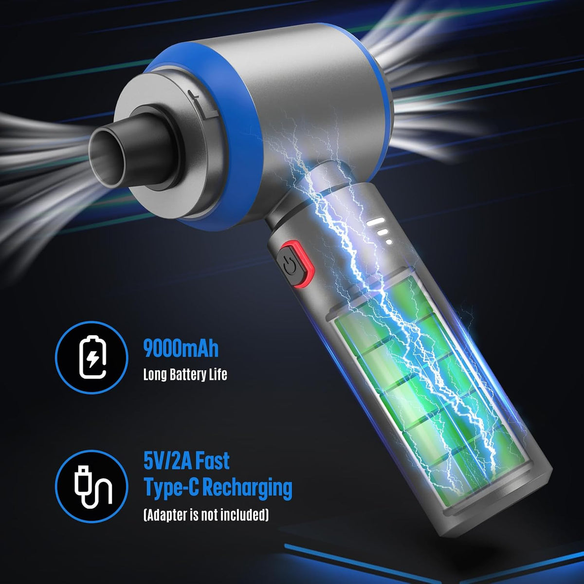 Compressed Air Duster,  2 in 1 180000RPM Cordless Air Duster with Mini Car Vacuum, 9000Mah Battery Dust Blower for Keyboard Cleaner,Rechargeable Air Blower AIC Can for Office Computers