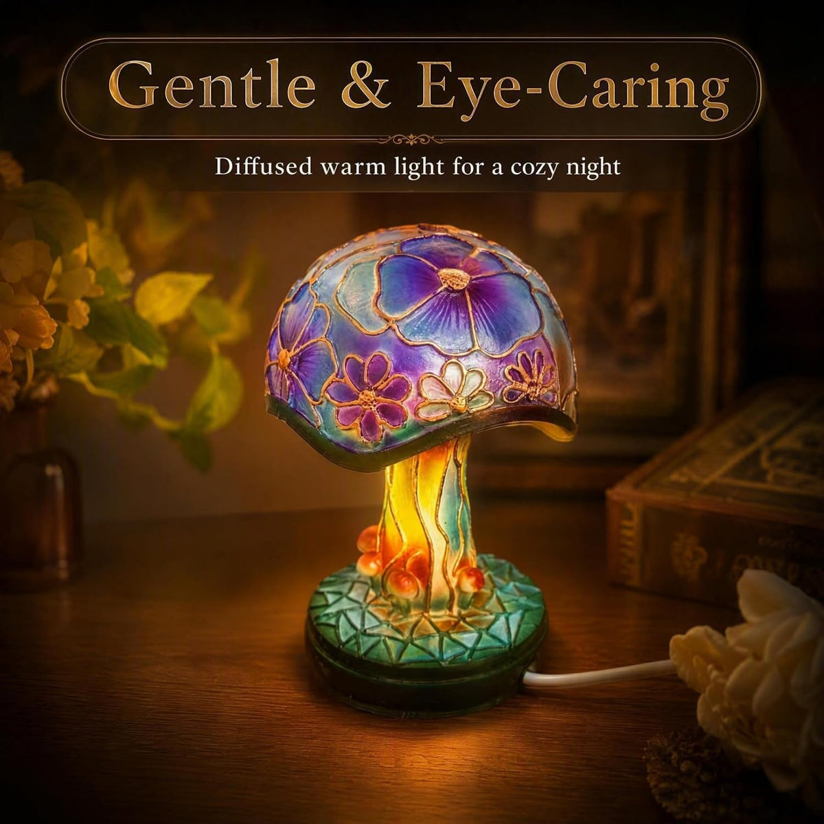 Creative Glass Resin Mushroom Table Lamp, 5.9 Inch Stained Glass Mushroom Mini Night Light, Bohemian Resin Mushroom Decoration Bedside Lamp Bedroom Living Room Home Office Decoration Gifts