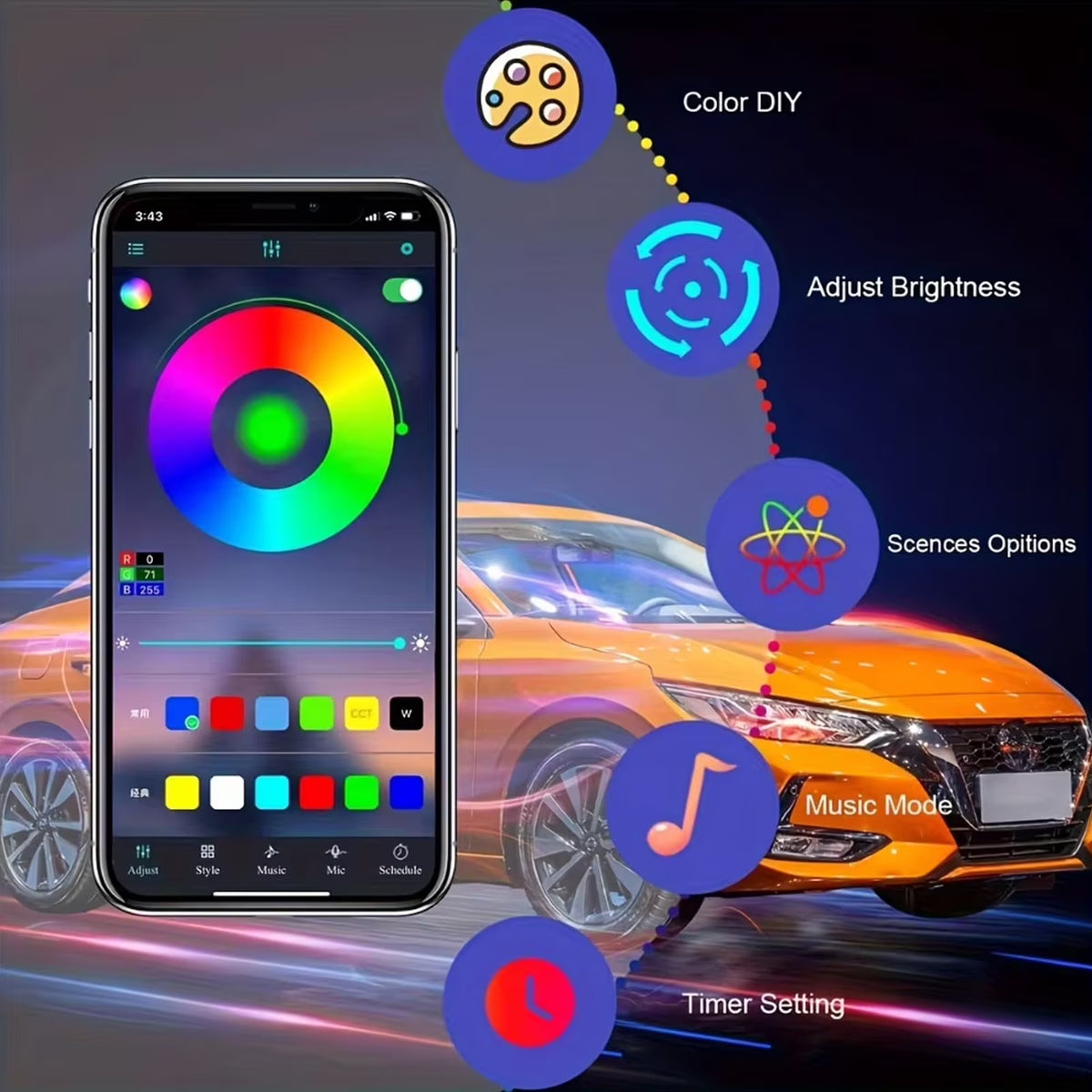 5M/16Ft RGB LED Car Interior Ambient Light Decorative Music Sync Fiber Optic USB Strip Light Accessories