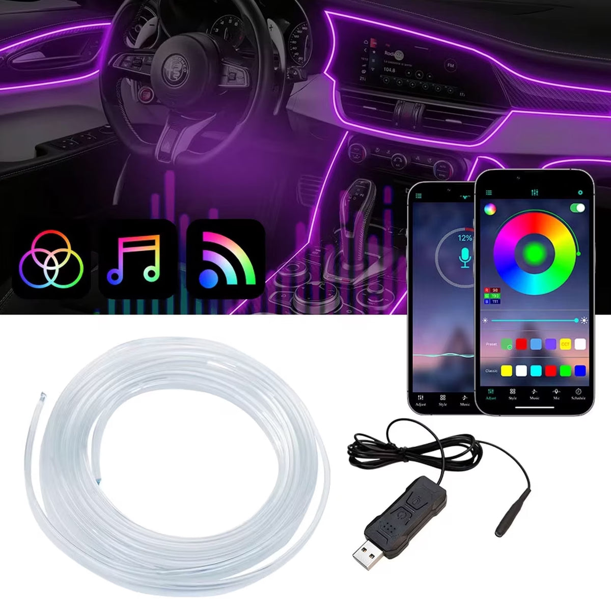 5M/16Ft RGB LED Car Interior Ambient Light Decorative Music Sync Fiber Optic USB Strip Light Accessories